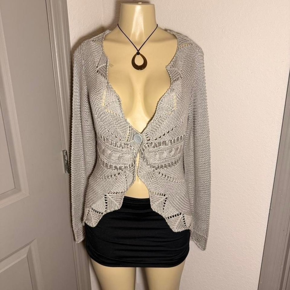 Y2K Venue Greyish Crochet Cardigan with Ribbon Inlay